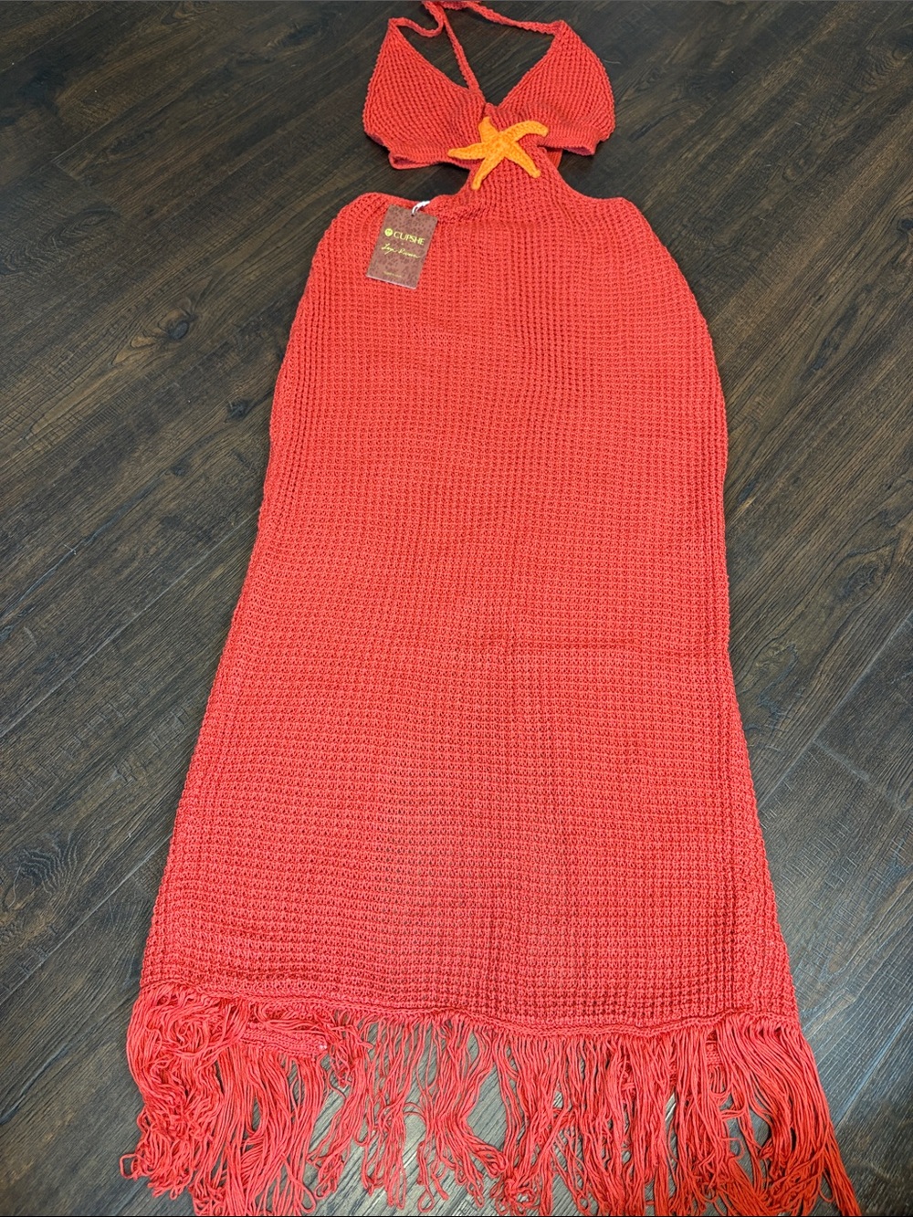Cupshe Burnt Orange Crochet Fringe Maxi Skirt bathing suit coverup Star Accent